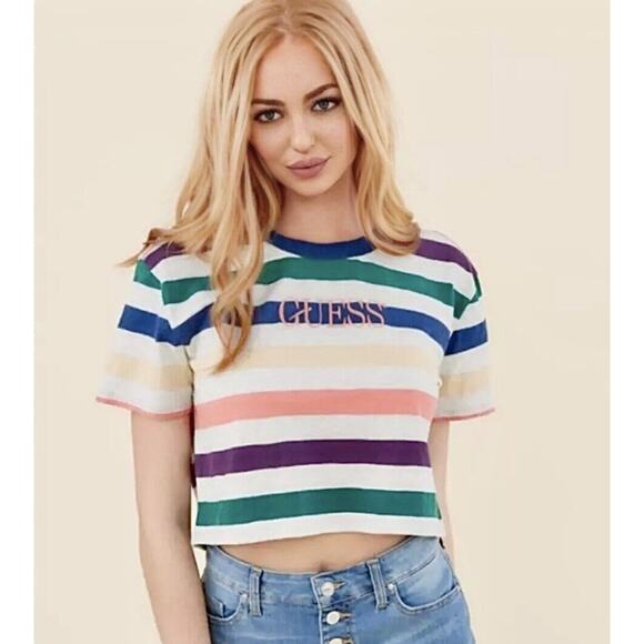 Guess Originals 1981 Gray Multi-Color Stripe Short Sleeve Crop Guess Logo SP - Picture 9 of 9